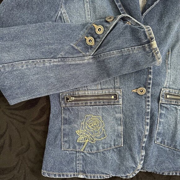 VTG Rave Denim Jacket Junior Sz Med Blue Long-Sleeve Embroidery Pocket Crop 90s - Picture 8 of 10